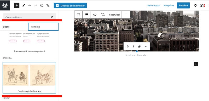 Nuova funzione Patterns di WordPress